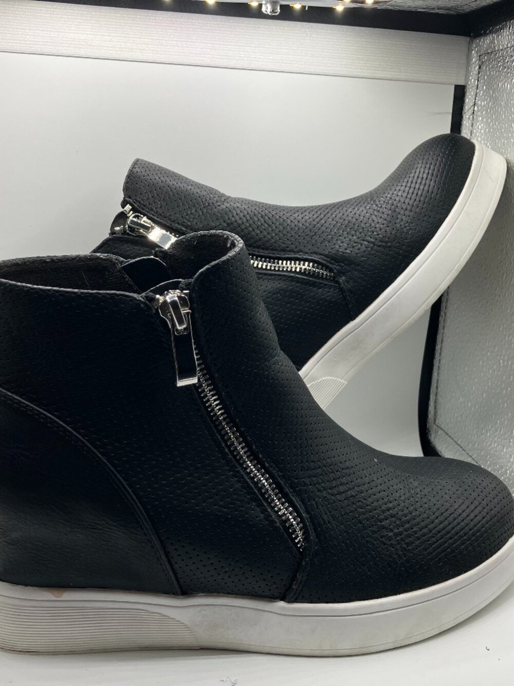 Journee Collection Black Perforated Wedge Ankle Boots Size 8.5